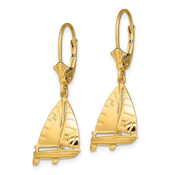 14K 3-D Sailboat Dangle Leverback Earrings