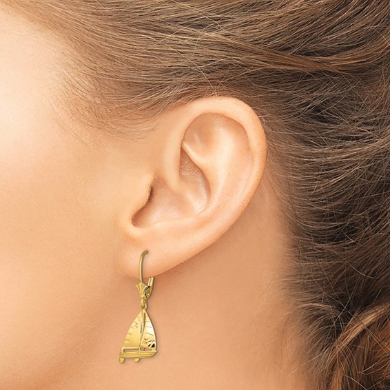 14K 3-D Sailboat Dangle Leverback Earrings
