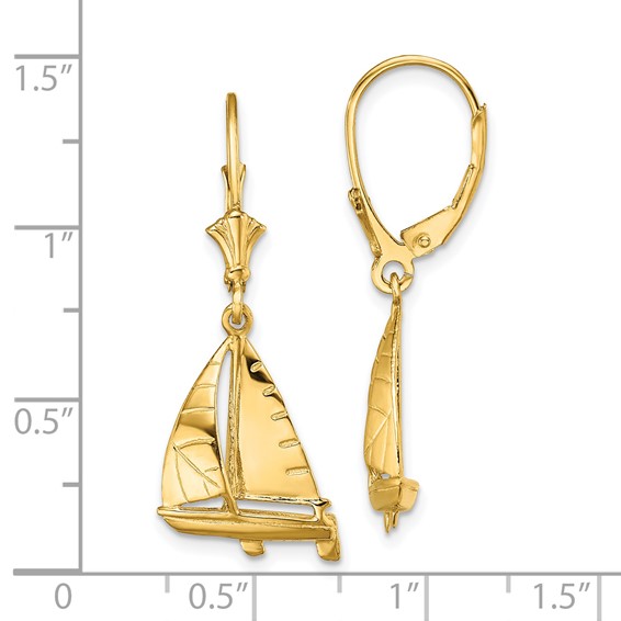 14K 3-D Sailboat Dangle Leverback Earrings