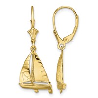 14K Yellow Gold 3-D Sailboat Dangle Leverback Earrings view 1