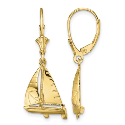14K Yellow Gold 3-D Sailboat Dangle Leverback Earrings
