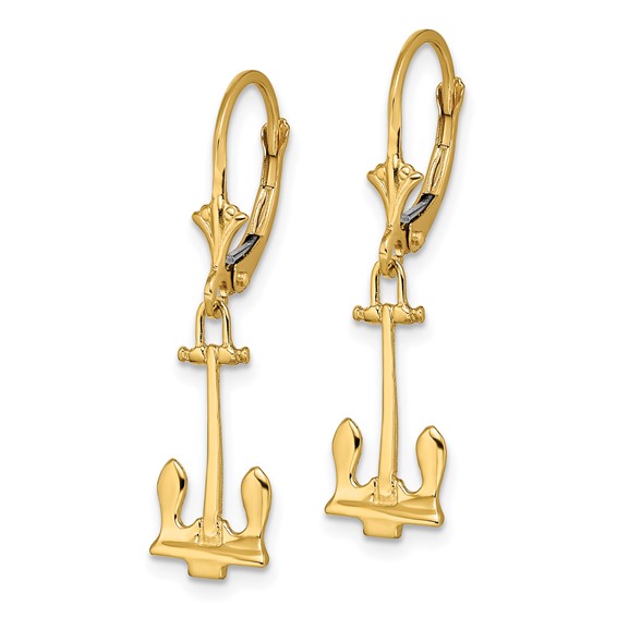 14K Polished Navy T-bar Anchor Dangle Leverback Earrings