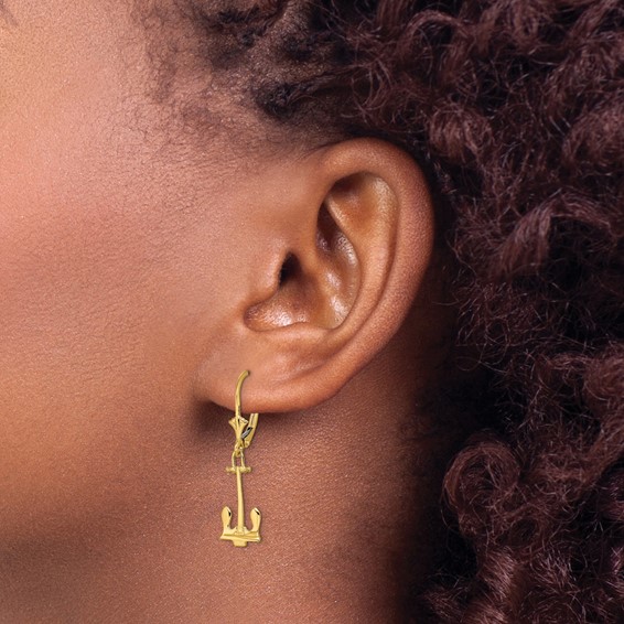 14K Polished Navy T-bar Anchor Dangle Leverback Earrings