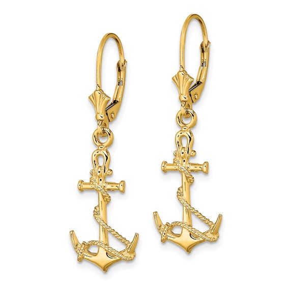 14K 3-D Anchor with Shackle and Entwined Rope Dangle Leverback Earrings