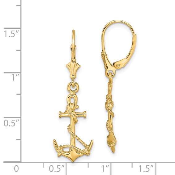 14K 3-D Anchor with Shackle and Entwined Rope Dangle Leverback Earrings