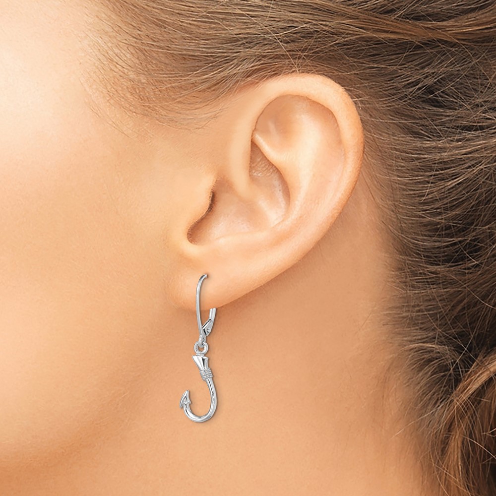 14K White Gold 3-D Fish Hook Leverback Earrings (TF1836W)