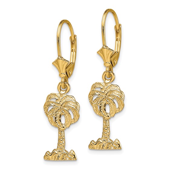 14K Palm Tree Dangle Leverback Earrings