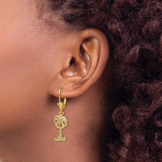 14K Palm Tree Dangle Leverback Earrings