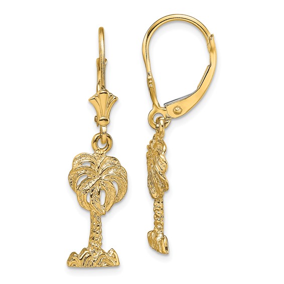 14K Palm Tree Dangle Leverback Earrings