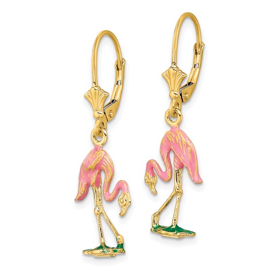 14K Pink Enamel 3-D Flamingo Dangle Leverback Earrings