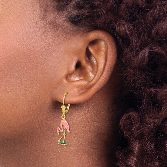 14K Pink Enamel 3-D Flamingo Dangle Leverback Earrings