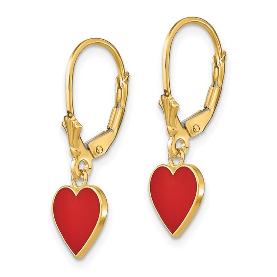 14K Polished Red Enameled Heart Dangle Leverback Earrings