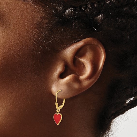 14K Polished Red Enameled Heart Dangle Leverback Earrings