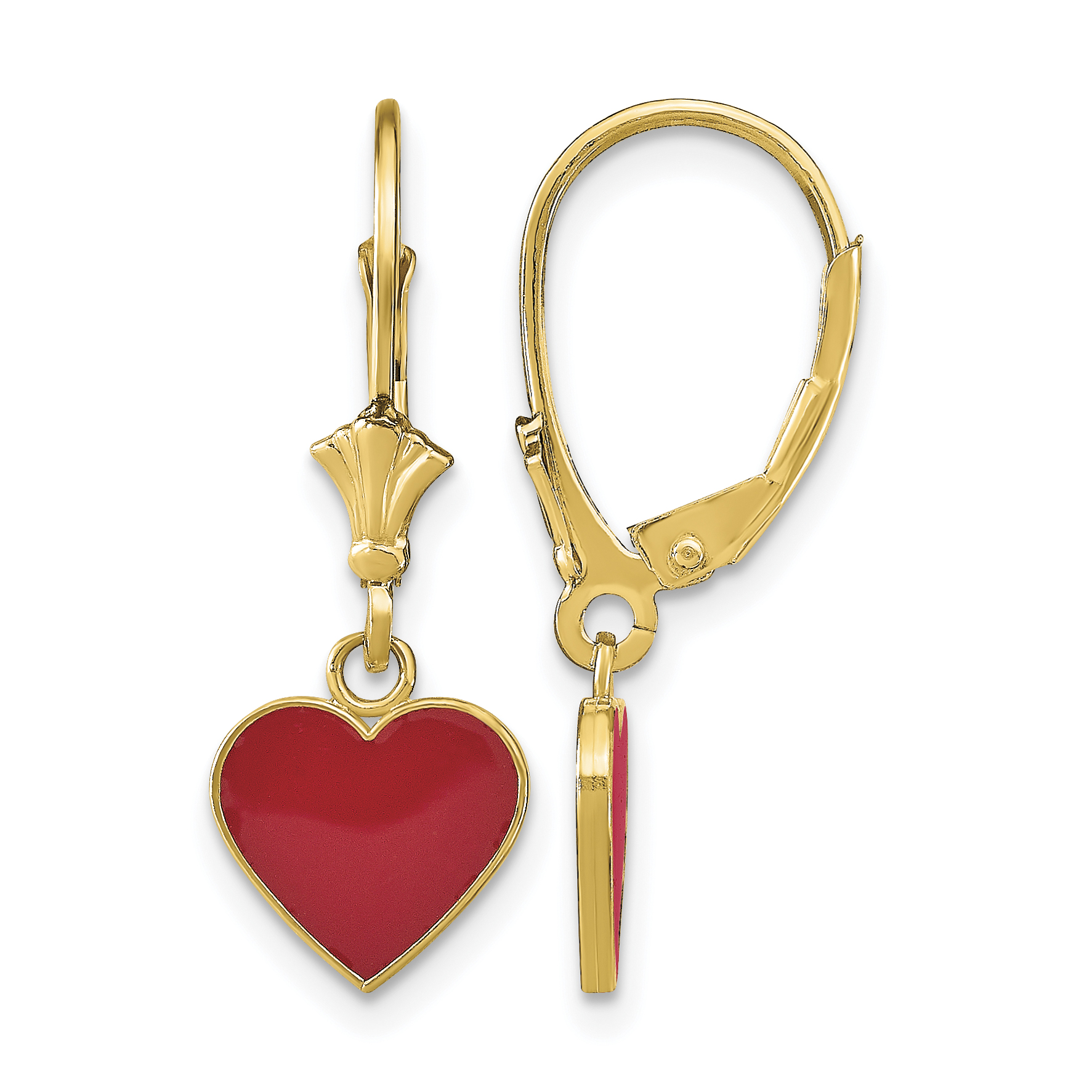 14K Polished Enameled Heart Dangle Leverback Earrings (TF1849)