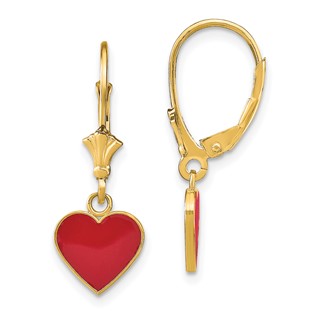 14K Polished Red Enameled Heart Dangle Leverback Earrings