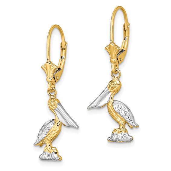 14K and White Rhodium 3-D Standing Pelican Dangle Leverback Earrings