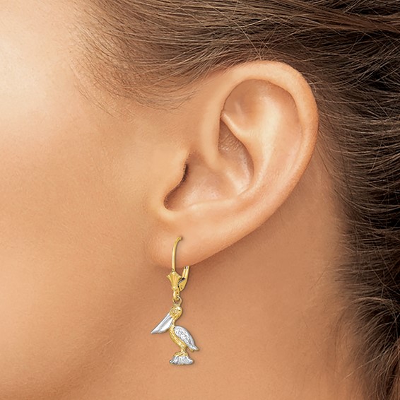 14K and White Rhodium 3-D Standing Pelican Dangle Leverback Earrings