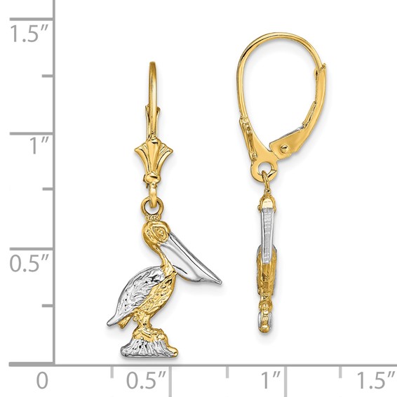14K and White Rhodium 3-D Standing Pelican Dangle Leverback Earrings