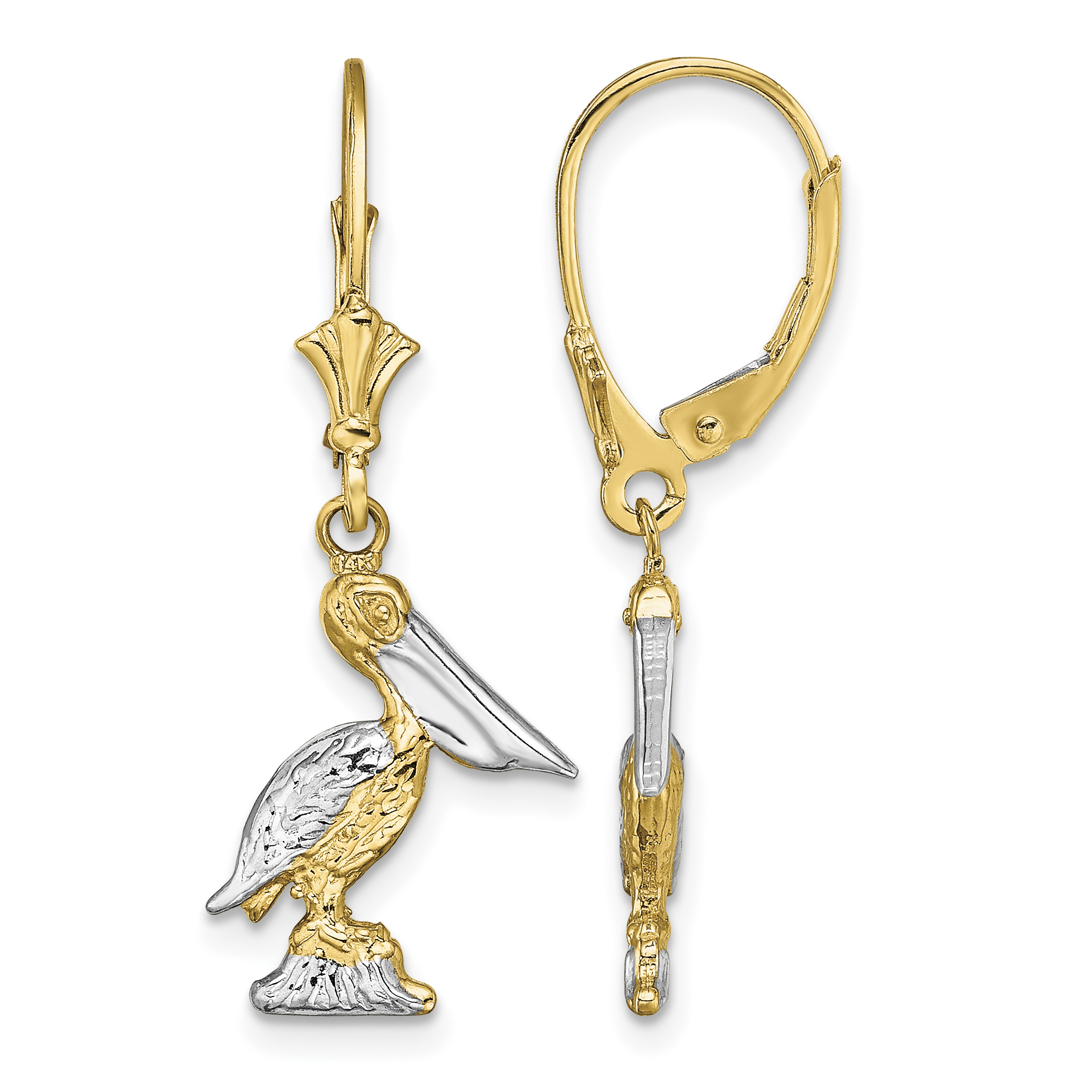 14K and Rhodium 3-D Pelican Standing W/ Leverback Earrings (TF1852)