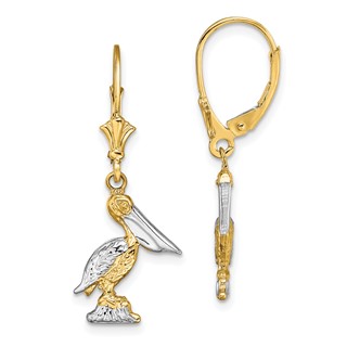 14K and White Rhodium 3-D Standing Pelican Dangle Leverback Earrings