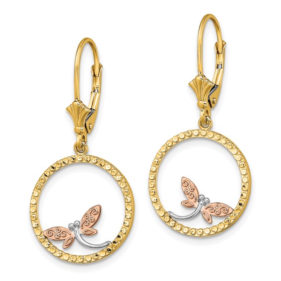 14K Two-Tone and White Rhodium Diamond-cut Dragonfly in Circle Leverback Earrings
