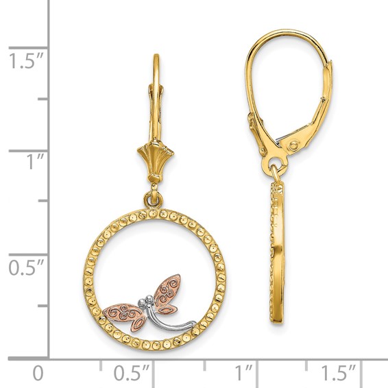 14K Two-Tone and White Rhodium Diamond-cut Dragonfly in Circle Leverback Earrings