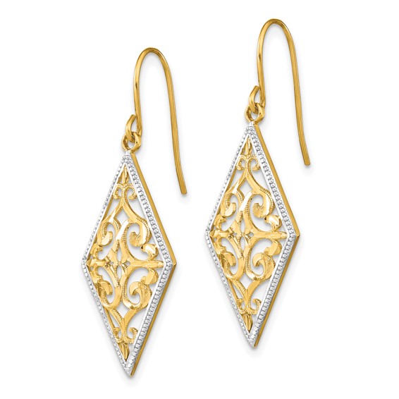 14K and White Rhodium Diamond-Shape Filigree Dangle French Hook Earrings