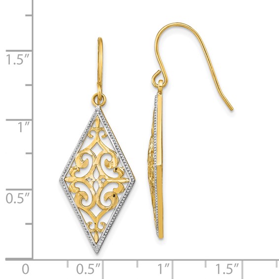 14K and White Rhodium Diamond-Shape Filigree Dangle French Hook Earrings