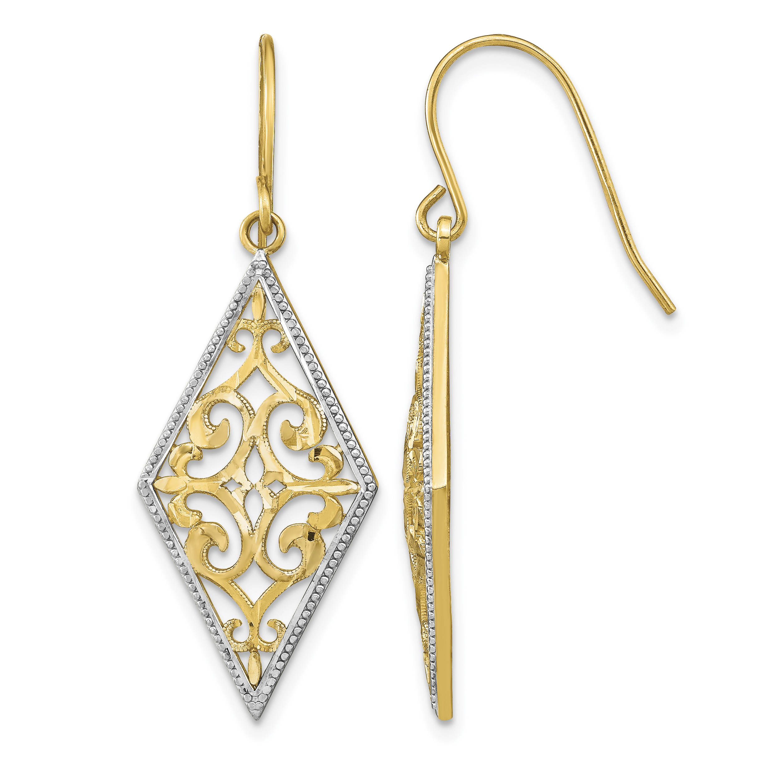 14K w/Rhodium Diamond Shape Filigree Dangle Earrings (TF1861)
