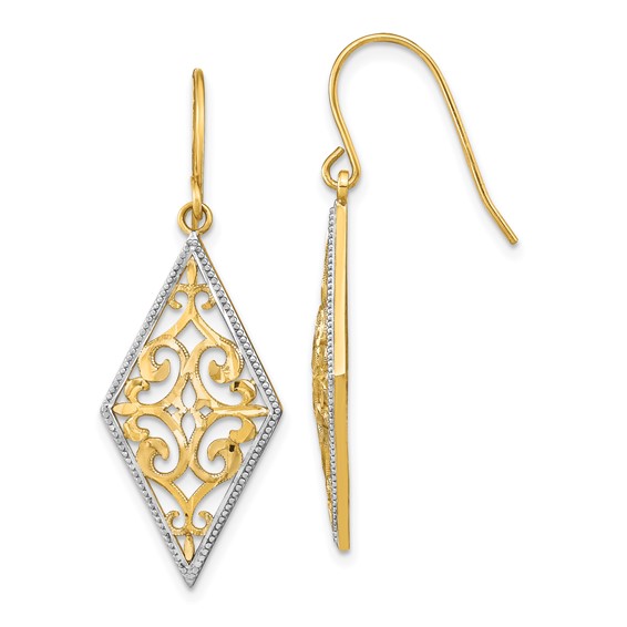 14K and White Rhodium Diamond-Shape Filigree Dangle French Hook Earrings