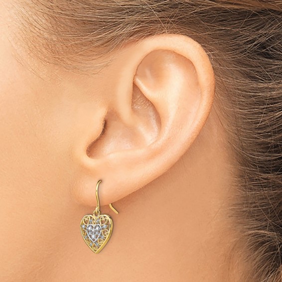 14K and White Rhodium Polished Filigree Hearts French Hook Earrings