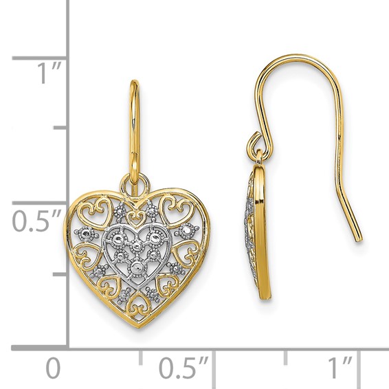 14K and White Rhodium Polished Filigree Hearts French Hook Earrings