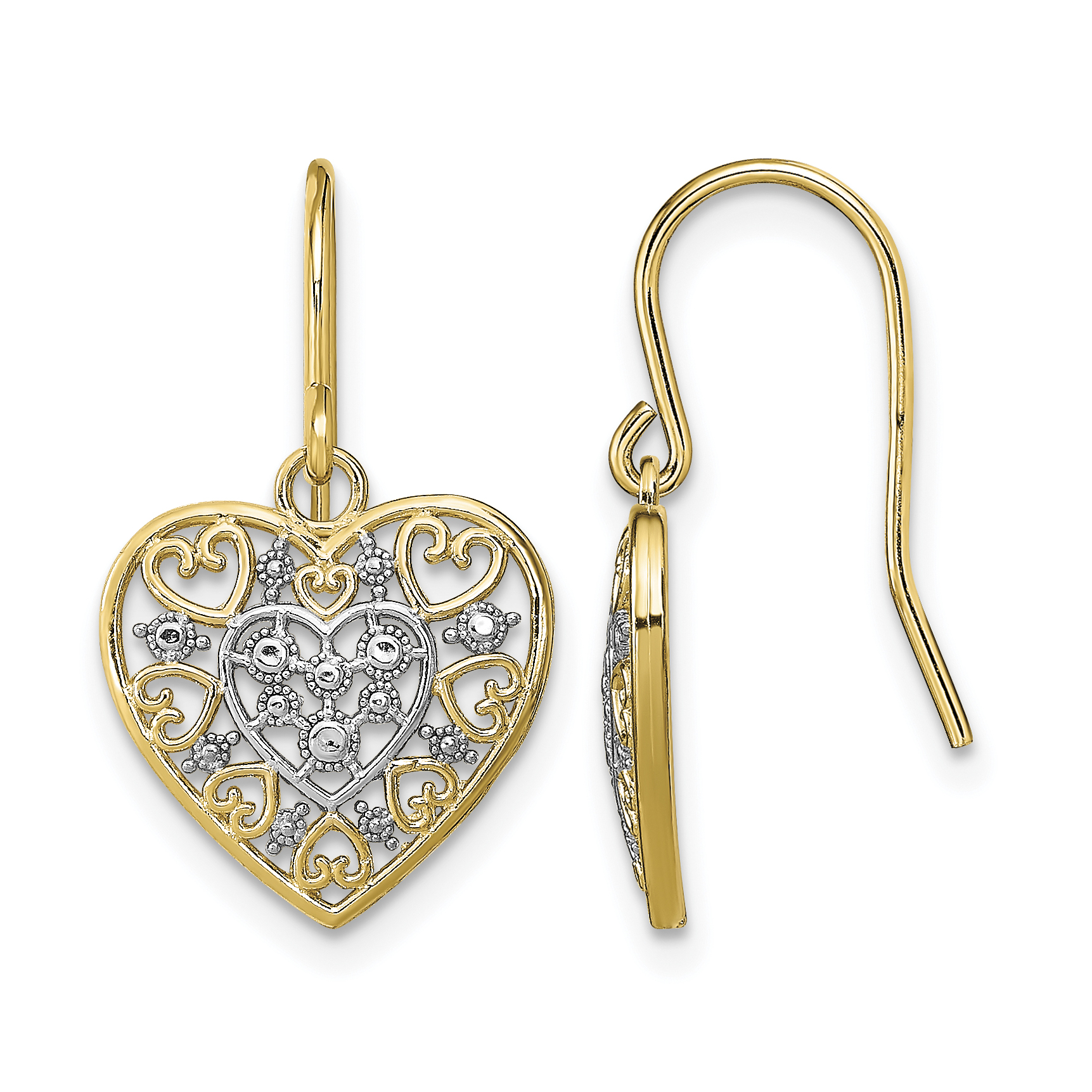 14K w/Rhodium Polished Filigree Hearts Shepherd Hook Earrings (TF1866)