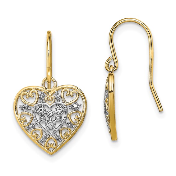 14K and White Rhodium Polished Filigree Hearts French Hook Earrings