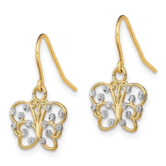 14K and White Rhodium Diamond-cut Filigree Butterfly French Hook Earrings