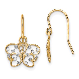 14K and White Rhodium Diamond-cut Filigree Butterfly French Hook Earrings