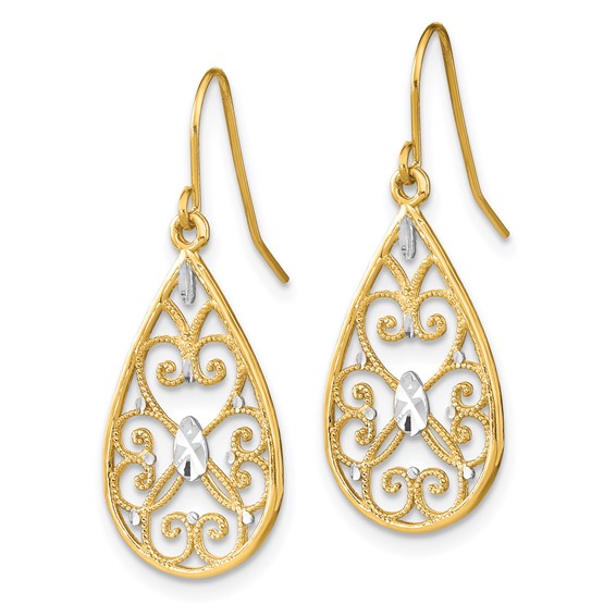 14K and White Rhodium Diamond-cut Filigree Teardrop Dangle French Hook Earrings