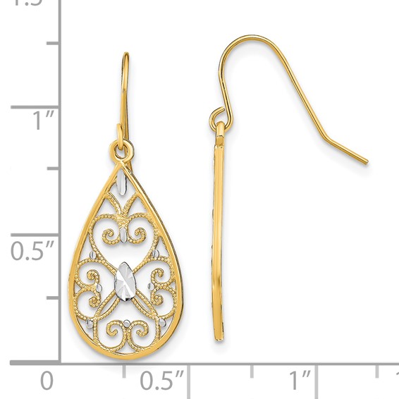 14K and White Rhodium Diamond-cut Filigree Teardrop Dangle French Hook Earrings