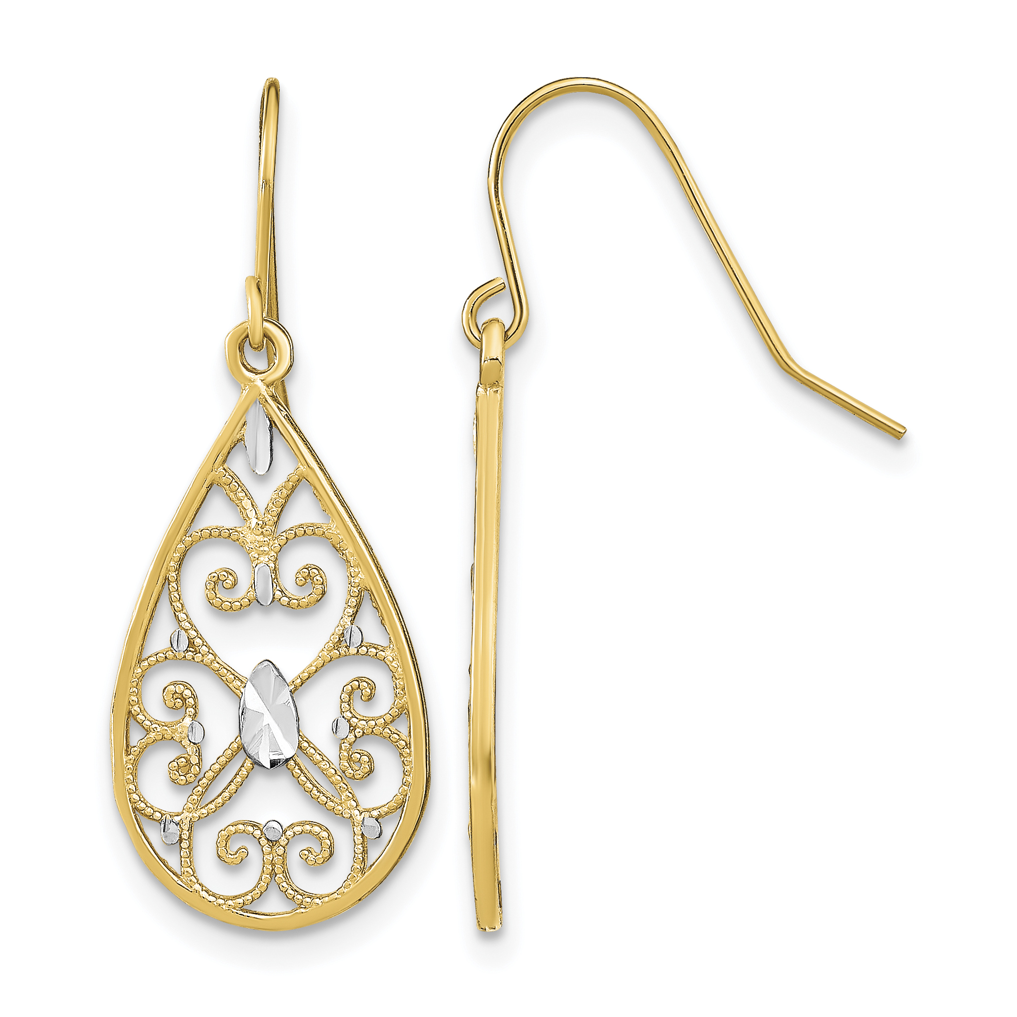 14K w/Rhodium D/C Fancy Dangle Wire Earrings (TF1873)