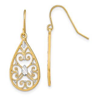 14K and White Rhodium Diamond-cut Filigree Teardrop Dangle French Hook Earrings