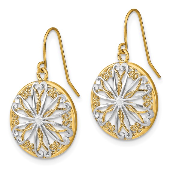 14K and White Rhodium Filigree Medallion Dangle French Hook Earrings