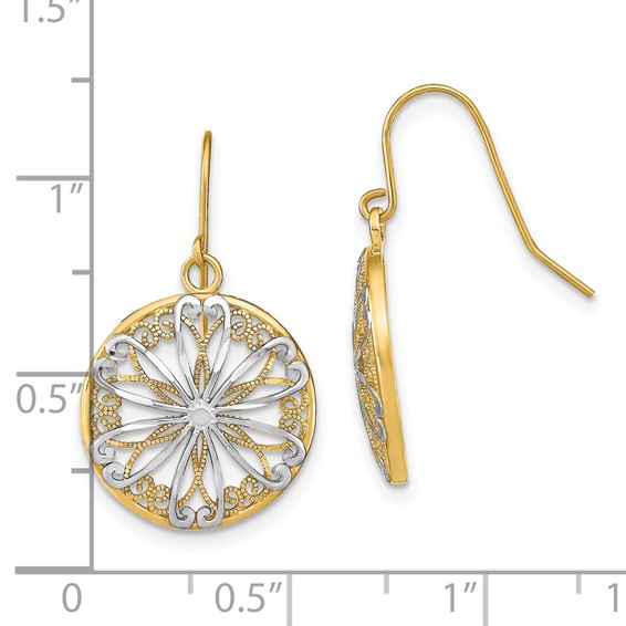 14K and White Rhodium Filigree Medallion Dangle French Hook Earrings