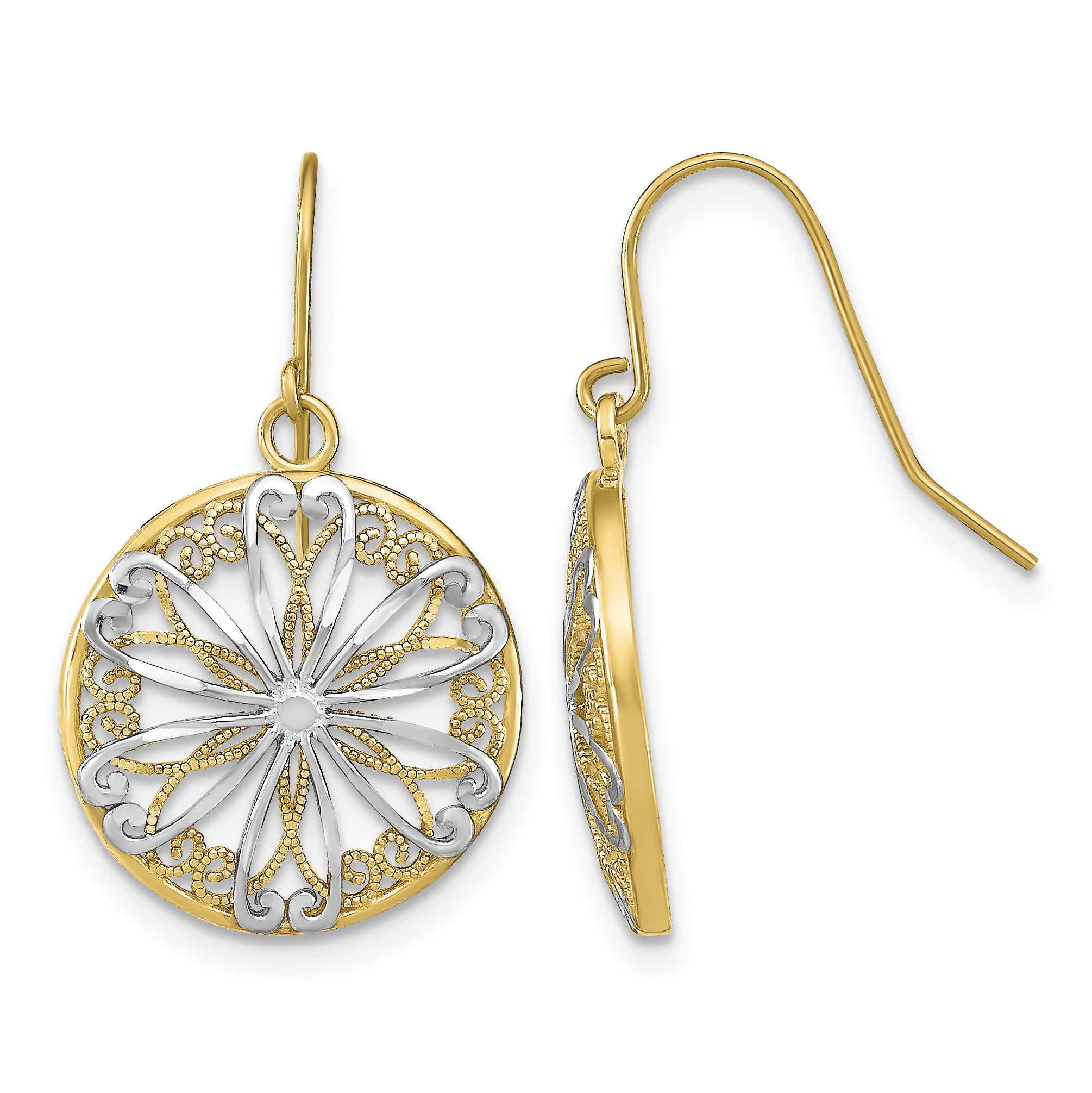 14K w/Rhodium Filigree Medallion Dangle Earrings (TF1878)