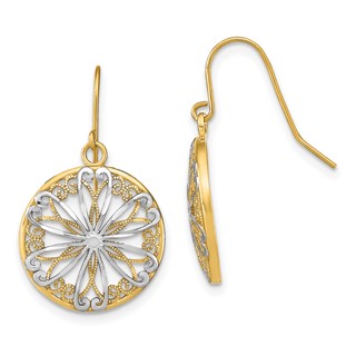 14K and White Rhodium Filigree Medallion Dangle French Hook Earrings