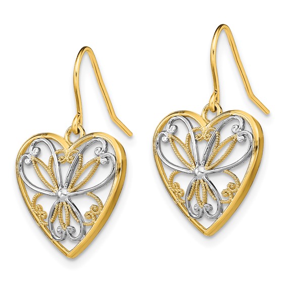 14K and White Rhodium Polished Filigree Heart French Hook Earrings