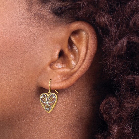 14K and White Rhodium Polished Filigree Heart French Hook Earrings