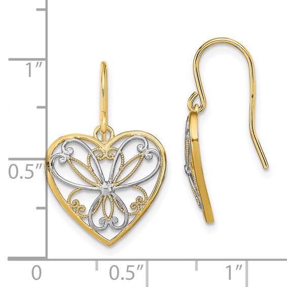 14K and White Rhodium Polished Filigree Heart French Hook Earrings