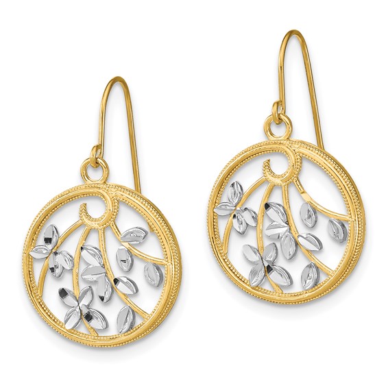 14K and White Rhodium Diamond-cut Leaves in Circle Dangle French Hook Earrings