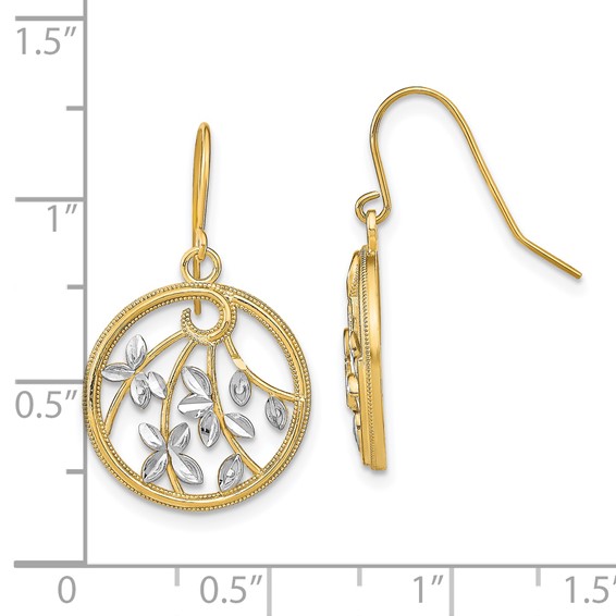 14K and White Rhodium Diamond-cut Leaves in Circle Dangle French Hook Earrings