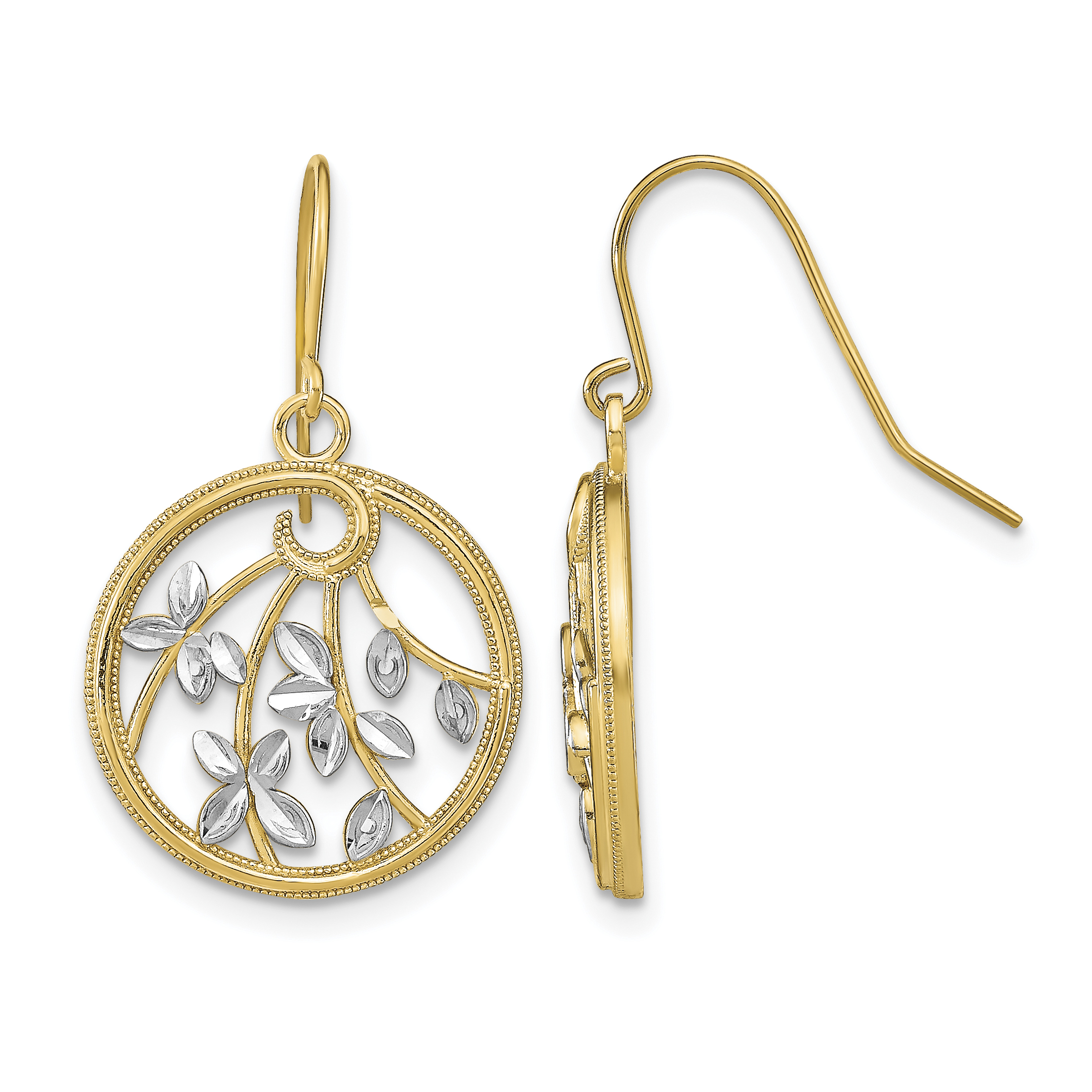 14K w/Rhodium D/C Leaves Round Dangle Earrings (TF1880)